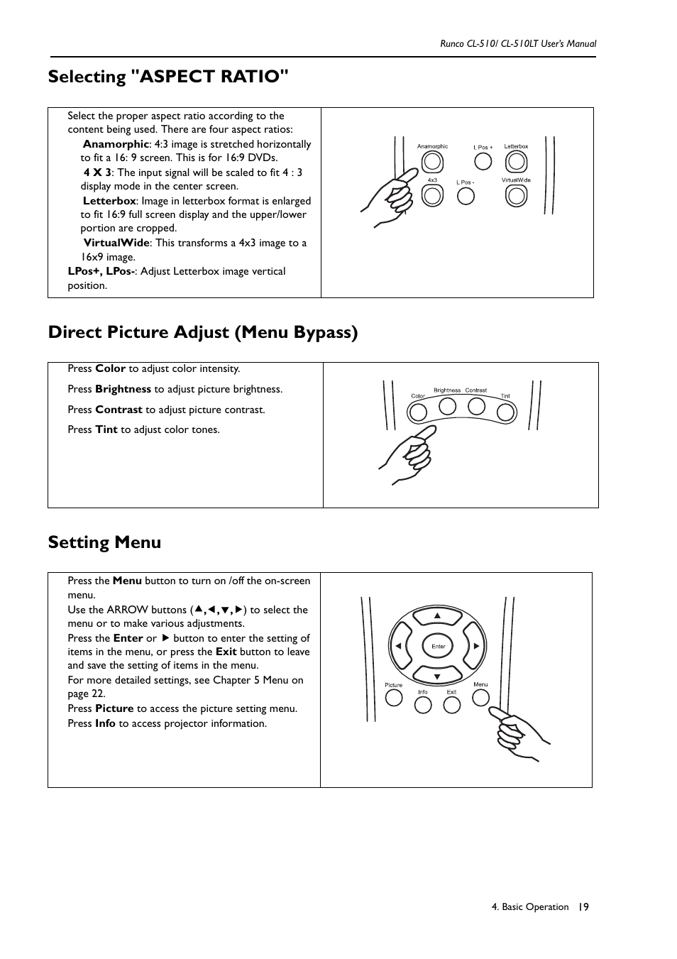 Selecting "aspect ratio, Direct picture adjust (menu bypass), Setting menu | Runco CL-510LT User Manual | Page 22 / 36