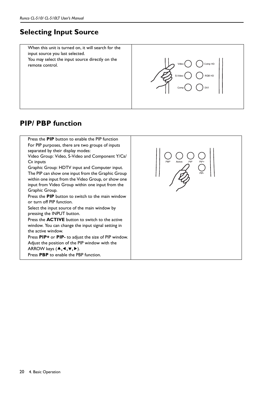 Selecting input source, Pip/ pbp function, Selecting input source pip/ pbp function | Runco CL-510LT User Manual | Page 23 / 36