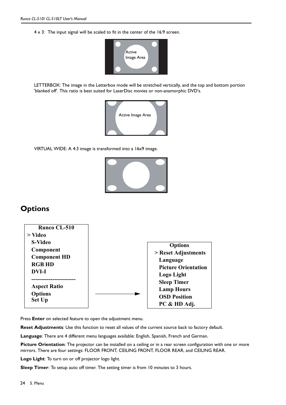Options, Off, see "options | Runco CL-510LT User Manual | Page 27 / 36