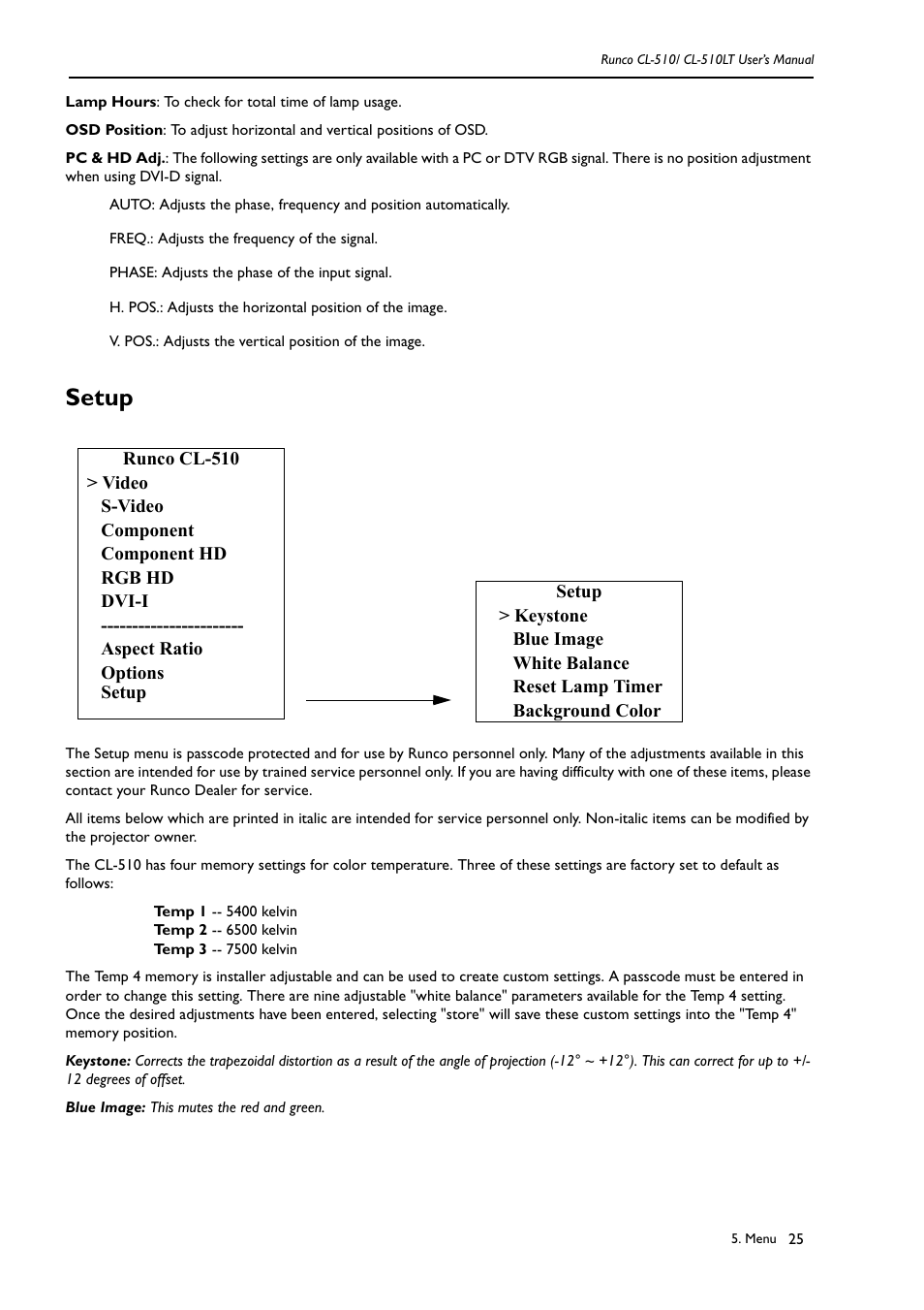 Setup | Runco CL-510LT User Manual | Page 28 / 36
