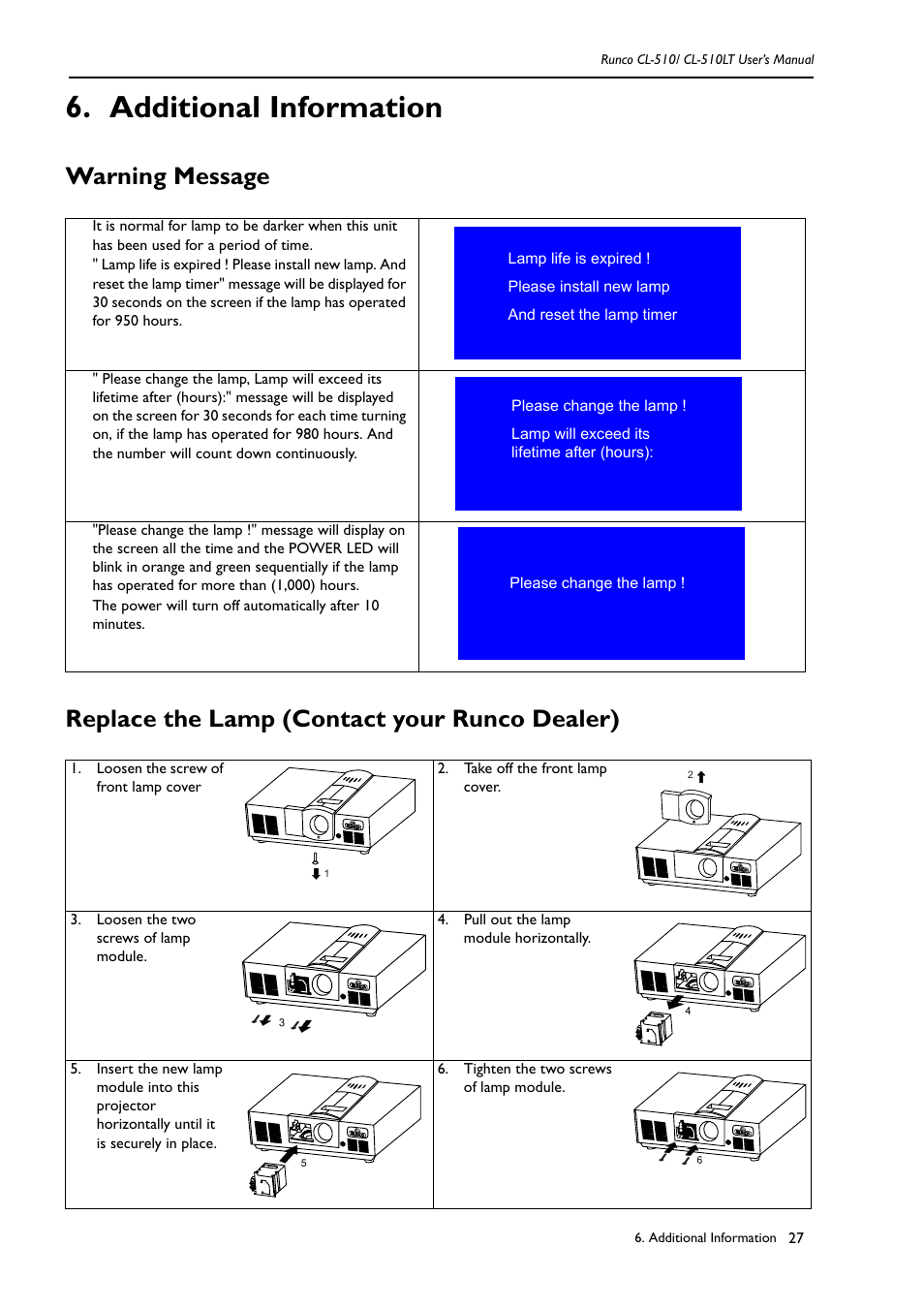 Additional information, Warning message, Replace the lamp (contact your runco dealer) | Runco CL-510LT User Manual | Page 30 / 36