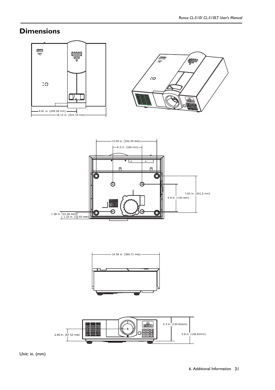 Dimensions | Runco CL-510LT User Manual | Page 34 / 36