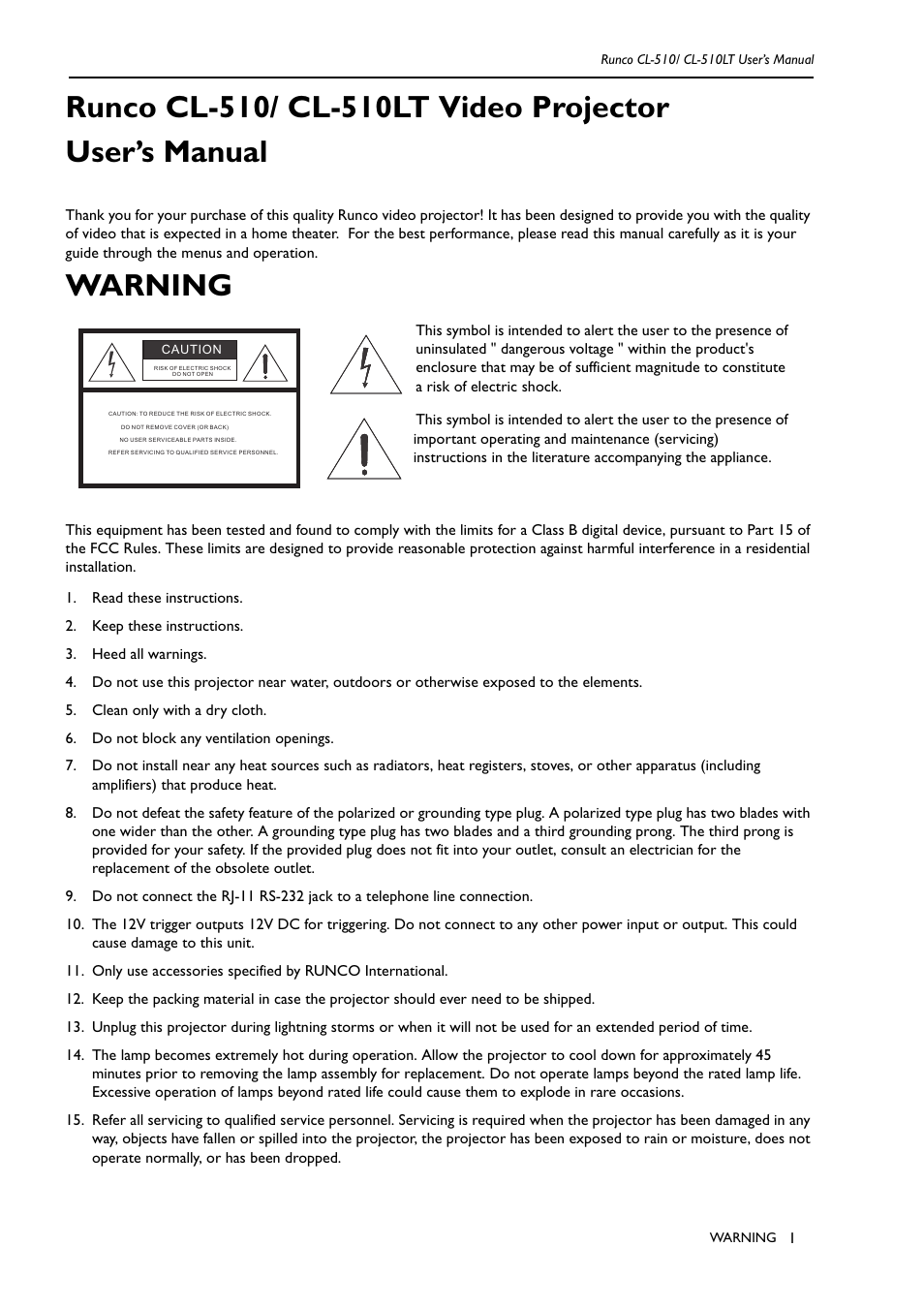 Warning | Runco CL-510LT User Manual | Page 4 / 36