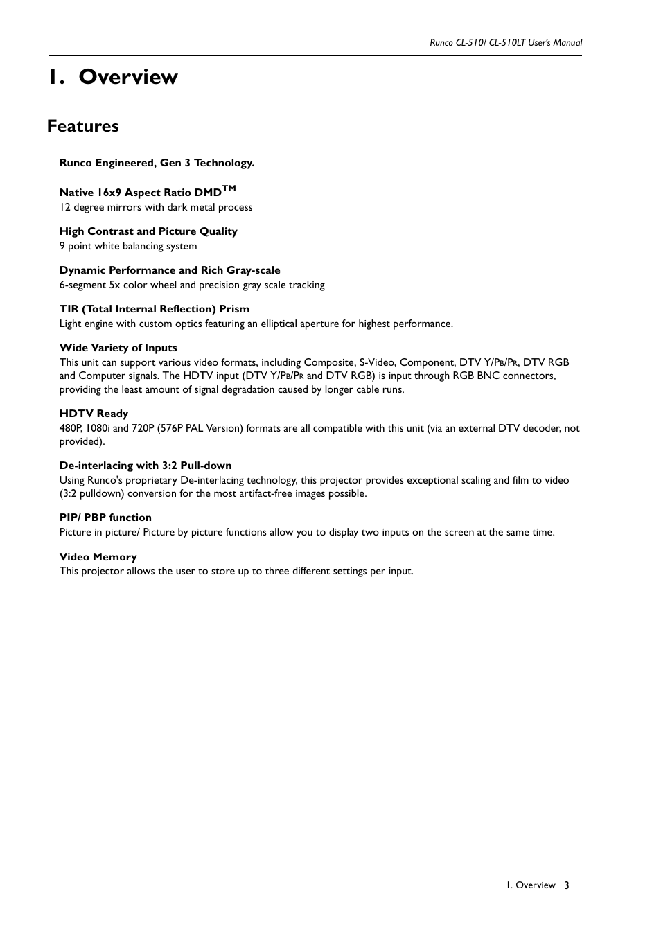 Overview, Features | Runco CL-510LT User Manual | Page 6 / 36