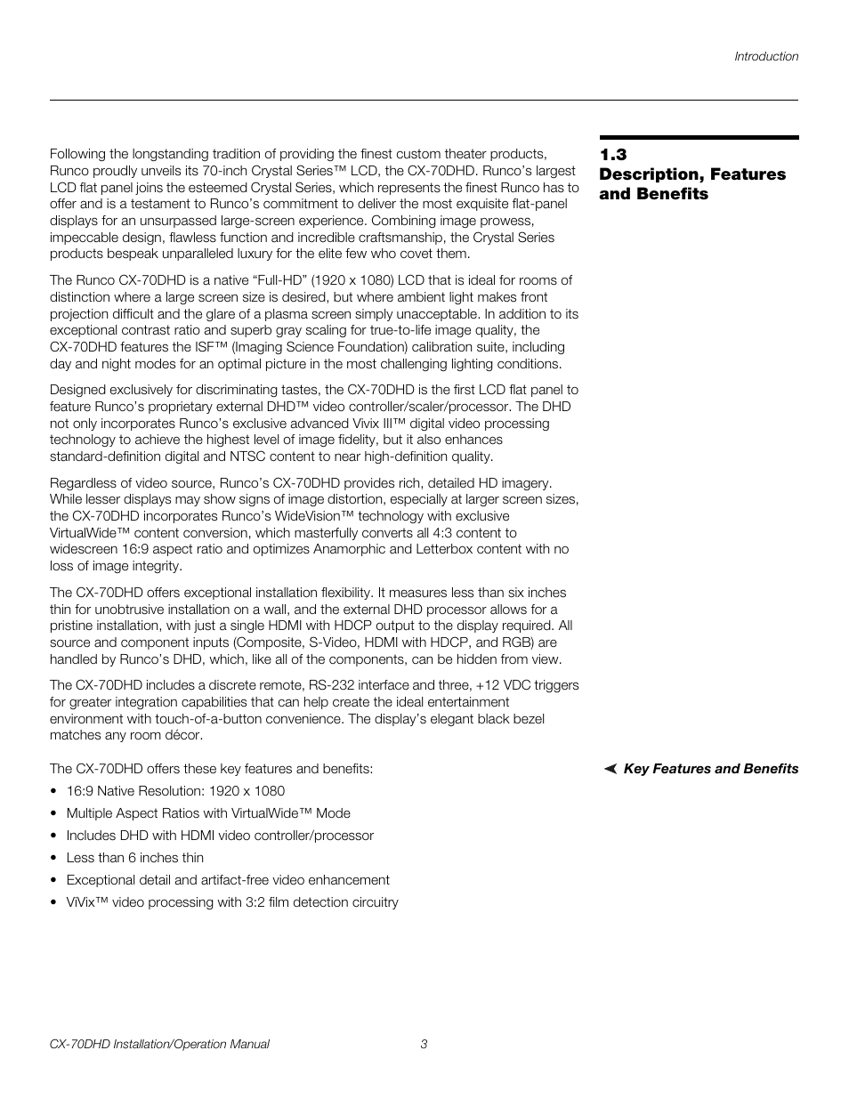 3 description, features and benefits, Key features and benefits, Description, features and benefits | Pre l iminar y | Runco CRYSTAL CX-70DHD User Manual | Page 17 / 88