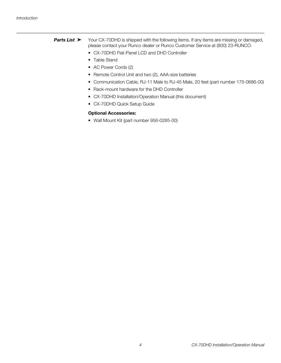 Parts list, Optional accessories, Pre l iminar y | Runco CRYSTAL CX-70DHD User Manual | Page 18 / 88