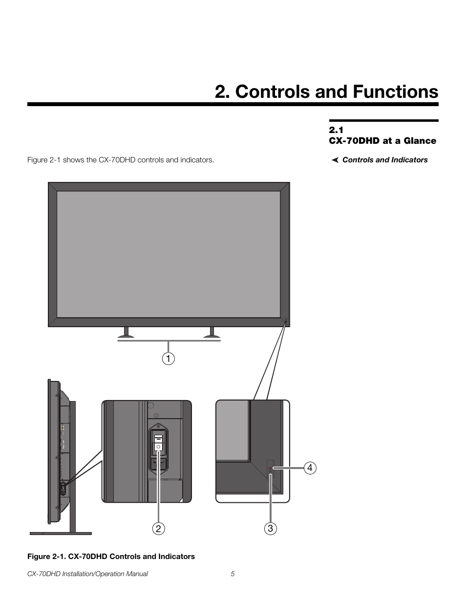 Controls and functions, 1 cx-70dhd at a glance, Controls and indicators | Figure 2-1 . cx-70dhd controls and indicators, Iminar, Cx-70dhd at a glance, 1. cx-70dhd controls and indicators, Pre l iminar y | Runco CRYSTAL CX-70DHD User Manual | Page 19 / 88