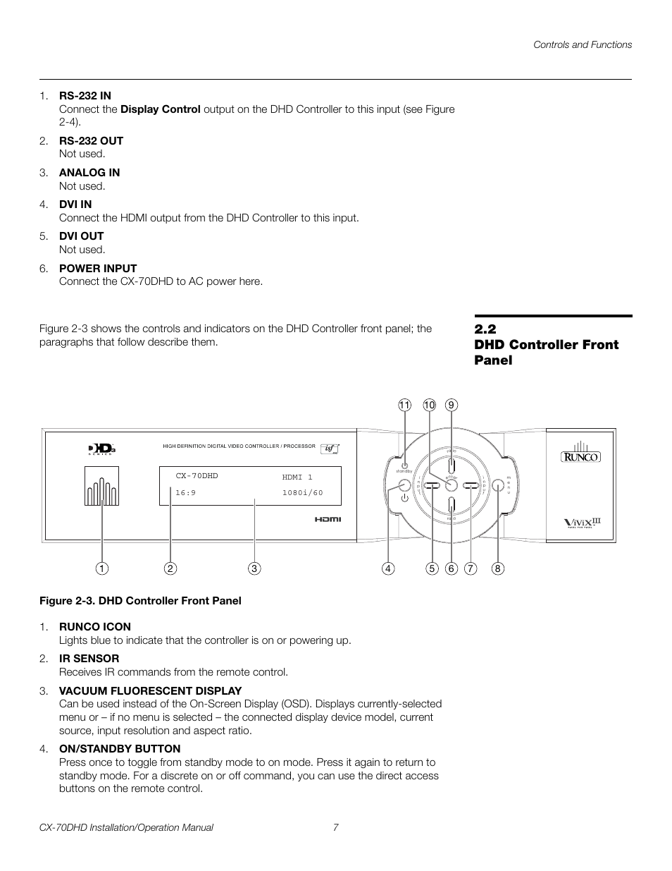 2 dhd controller front panel, Figure 2-3 . dhd controller front panel, Dhd controller front panel | 3. dhd controller front panel, Pre l iminar y | Runco CRYSTAL CX-70DHD User Manual | Page 21 / 88