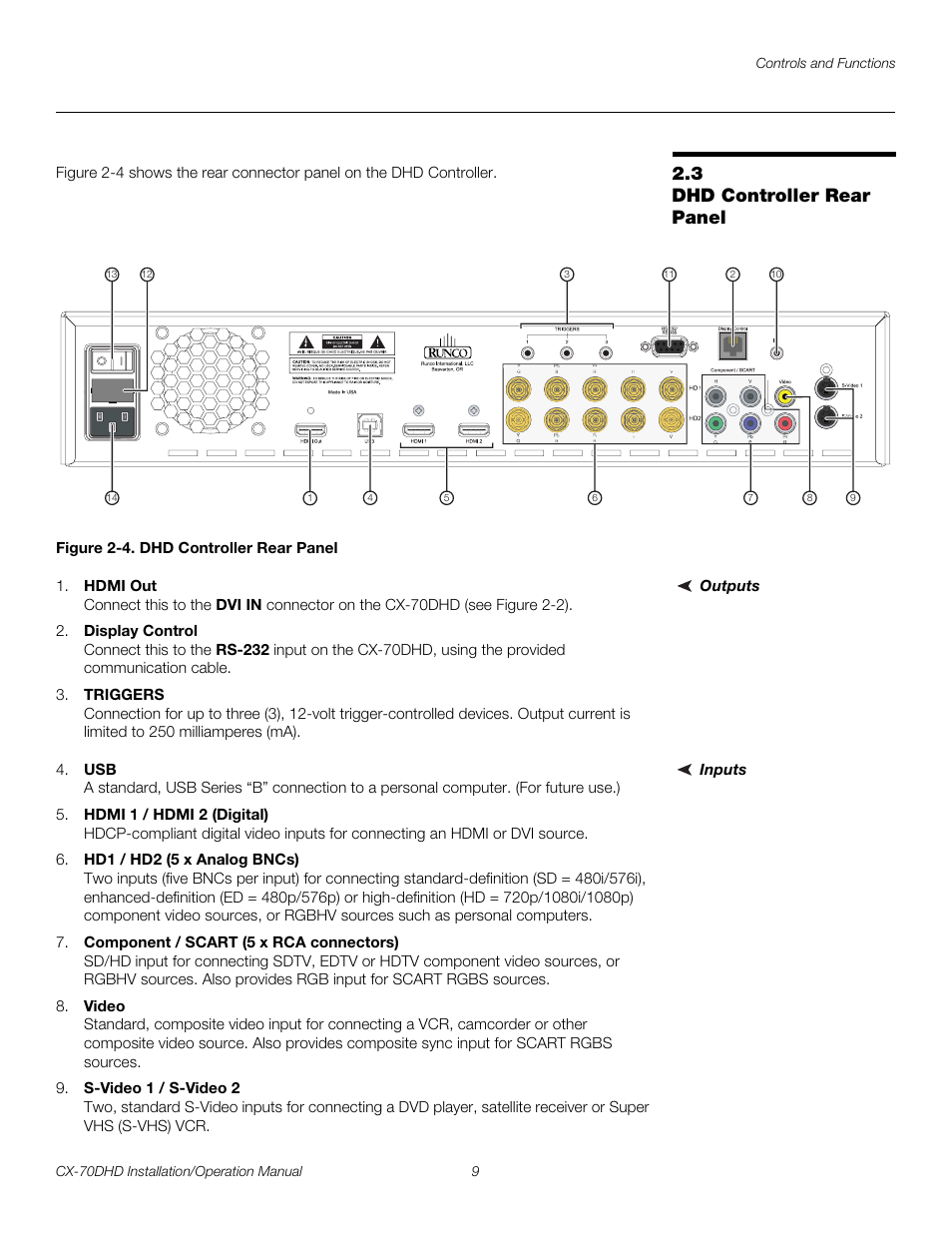 3 dhd controller rear panel, Figure 2-4 . dhd controller rear panel, Outputs | Inputs, Dhd controller rear panel, 4. dhd controller rear panel, Pre l iminar y | Runco CRYSTAL CX-70DHD User Manual | Page 23 / 88