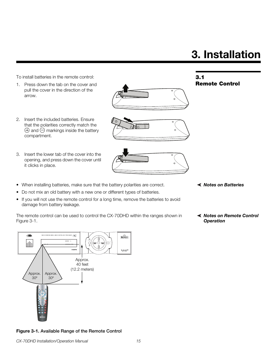 Installation, 1 remote control, Notes on batteries | Notes on remote control operation, Figure 3-1 . available range of the remote control, Remote control, 1. available range of the remote control, Pre l iminar y | Runco CRYSTAL CX-70DHD User Manual | Page 29 / 88