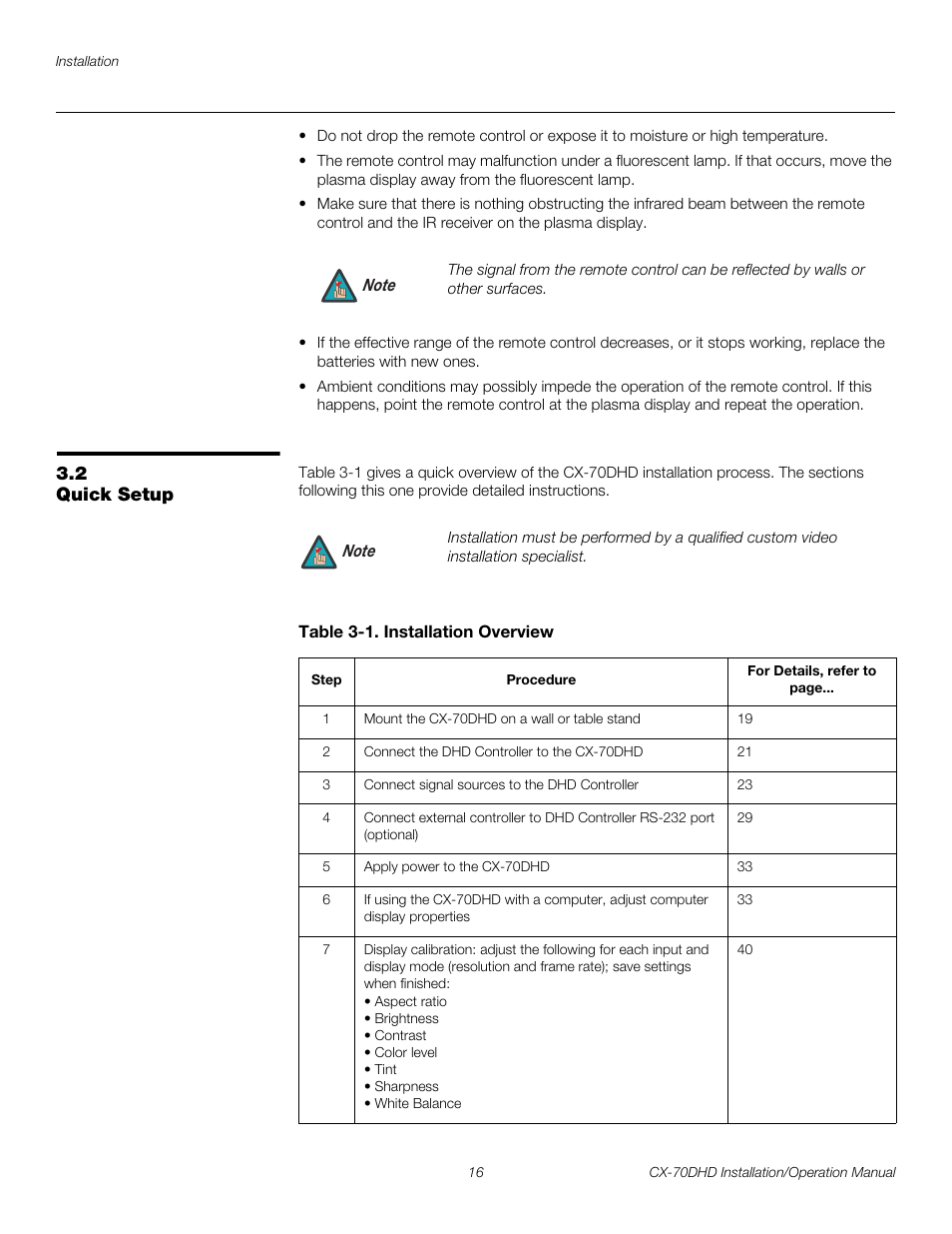 2 quick setup, Table 3-1 . installation overview, Quick setup | Pre l iminar y | Runco CRYSTAL CX-70DHD User Manual | Page 30 / 88