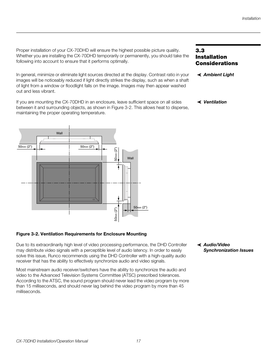 3 installation considerations, Ambient light, Ventilation | Audio/video synchronization issues, Installation considerations, 2. ventilation requirements for enclosure mounting, Pre l iminar y | Runco CRYSTAL CX-70DHD User Manual | Page 31 / 88