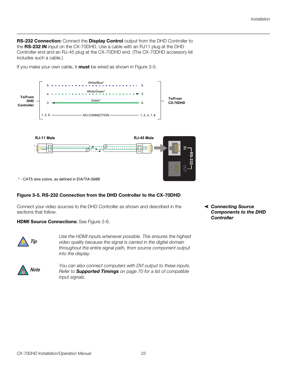 Rs-232 connection, Connecting source components to the dhd controller, Hdmi source connections | Pre l iminar y | Runco CRYSTAL CX-70DHD User Manual | Page 37 / 88