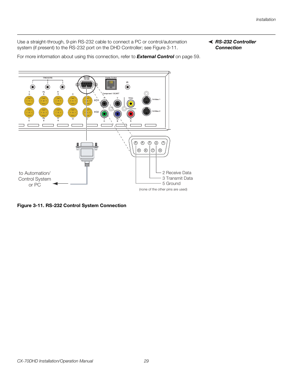 Rs-232 controller connection, Figure 3-11 . rs-232 control system connection, 11. rs-232 control system connection | Pre l iminar y | Runco CRYSTAL CX-70DHD User Manual | Page 43 / 88