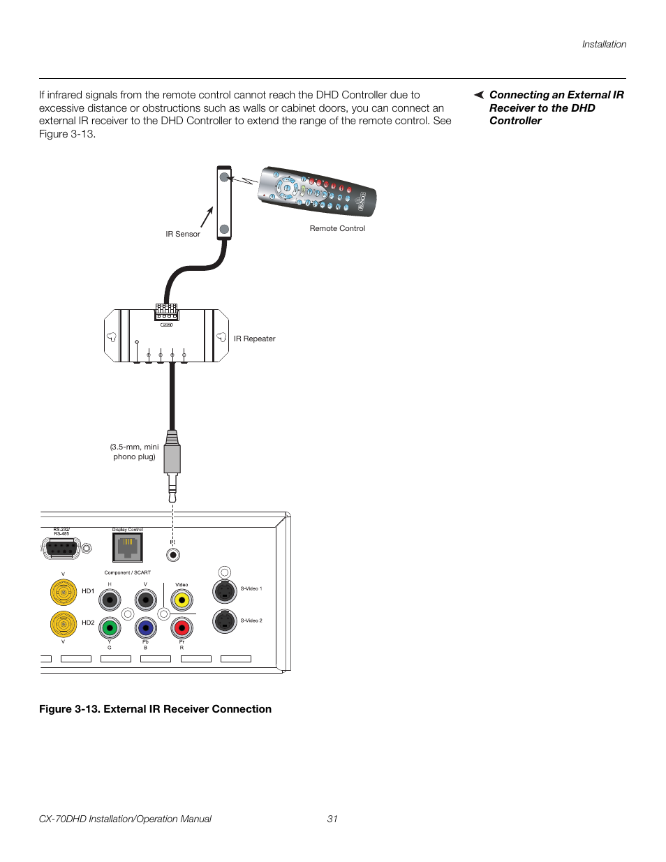 Figure 3-13 . external ir receiver connection, 13. external ir receiver connection, Pre l iminar y | Runco CRYSTAL CX-70DHD User Manual | Page 45 / 88