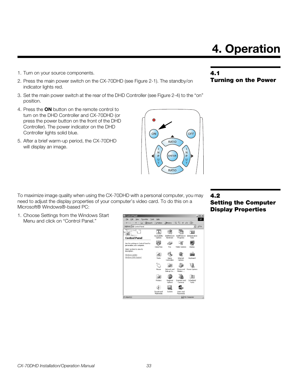 Operation, 1 turning on the power, 2 setting the computer display properties | Turning on the power, Setting the computer display properties, Pre l iminar y | Runco CRYSTAL CX-70DHD User Manual | Page 47 / 88