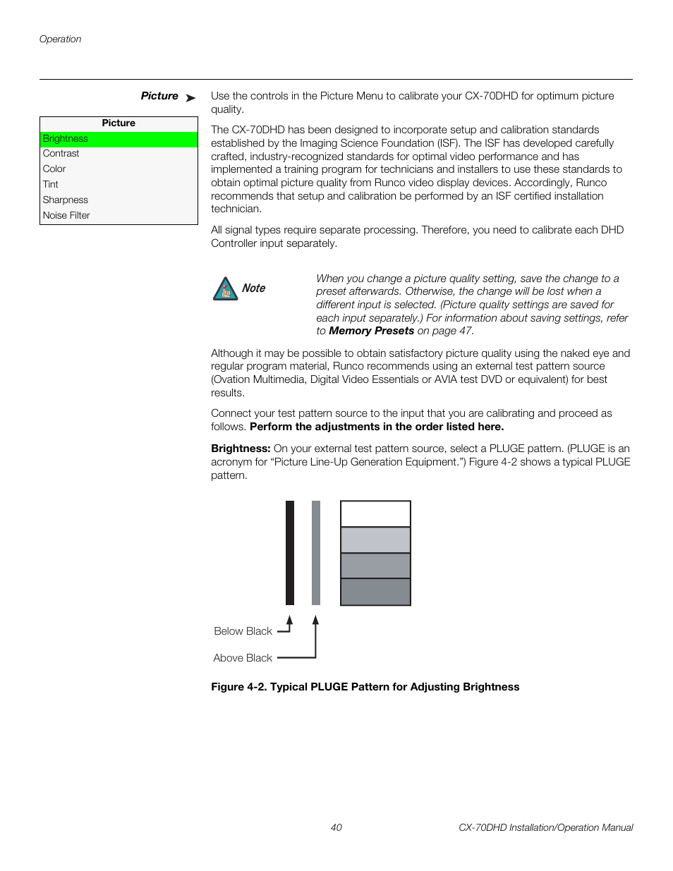 Picture, Brightness, 2. typical pluge pattern for adjusting brightness | Pre l iminar y | Runco CRYSTAL CX-70DHD User Manual | Page 54 / 88