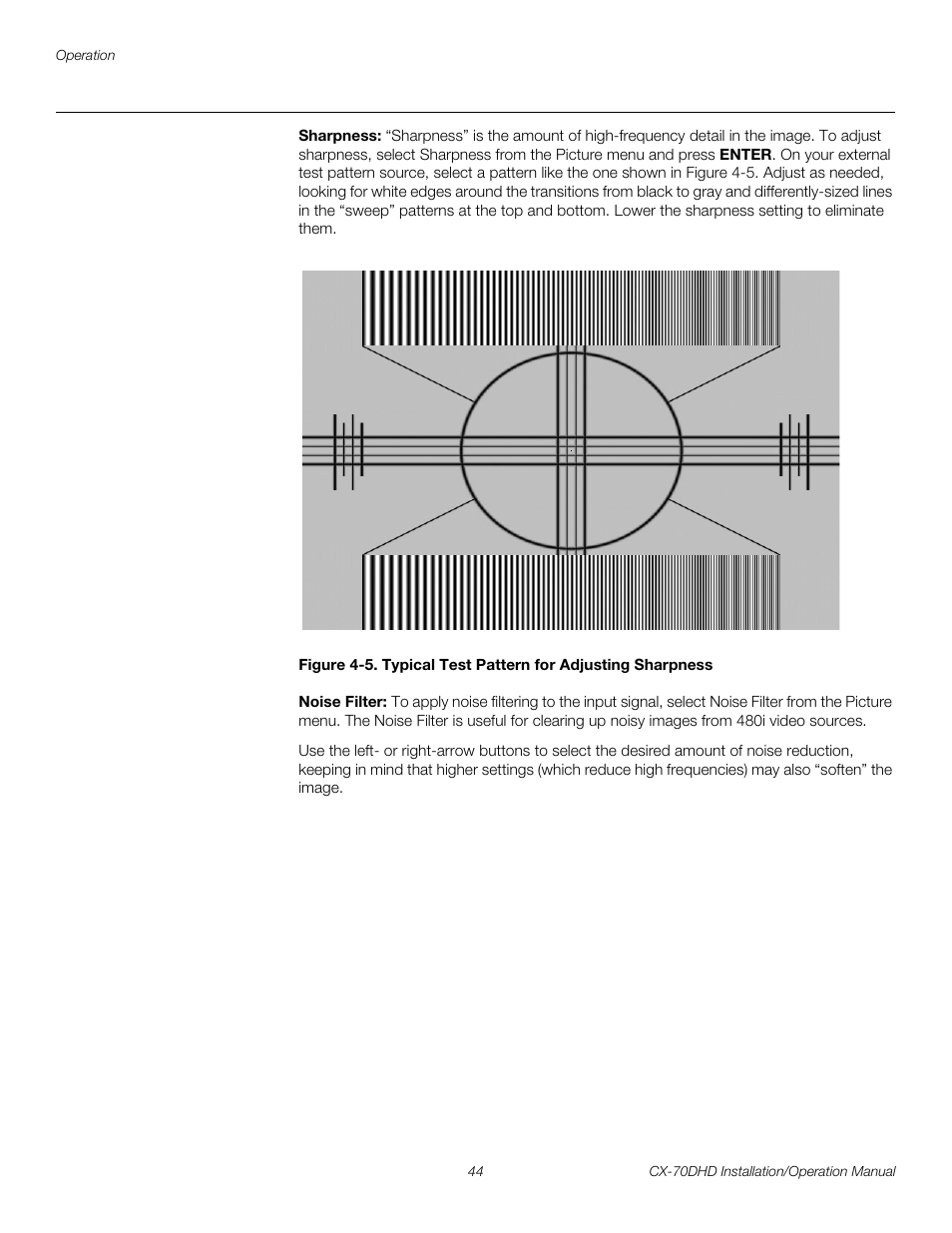 Sharpness, Noise filter, 5. typical test pattern for adjusting sharpness | Pre l iminar y | Runco CRYSTAL CX-70DHD User Manual | Page 58 / 88