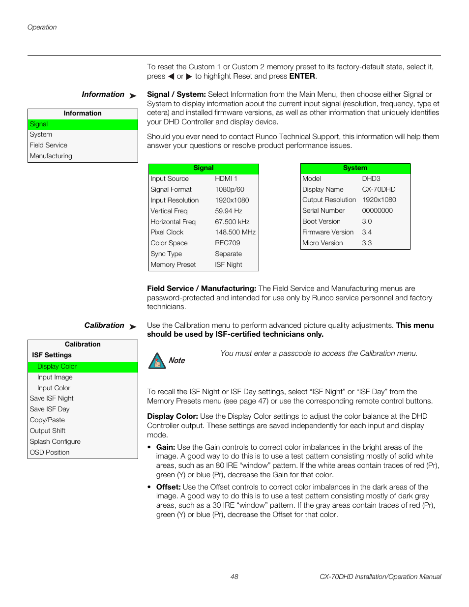 Information, Signal / system, Field service / manufacturing | Calibration, Display color, Iminar, Pre l iminar y | Runco CRYSTAL CX-70DHD User Manual | Page 62 / 88
