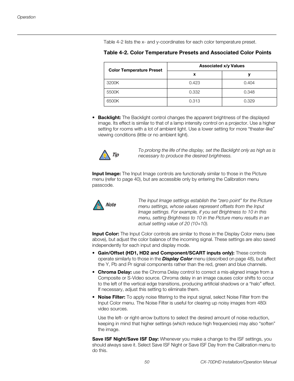 Input image, Input color, Save isf night/save isf day | Pre l iminar y | Runco CRYSTAL CX-70DHD User Manual | Page 64 / 88