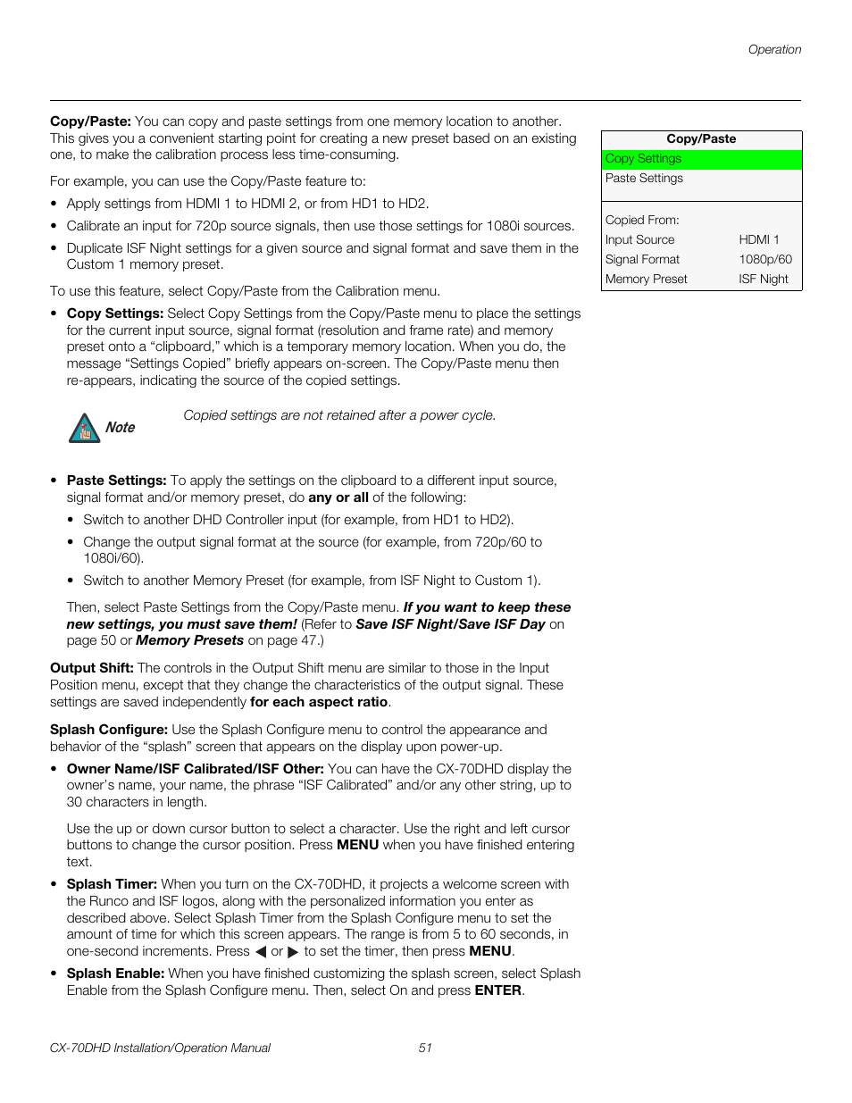 Copy/paste, Output shift, Splash configure | Pre l iminar y | Runco CRYSTAL CX-70DHD User Manual | Page 65 / 88