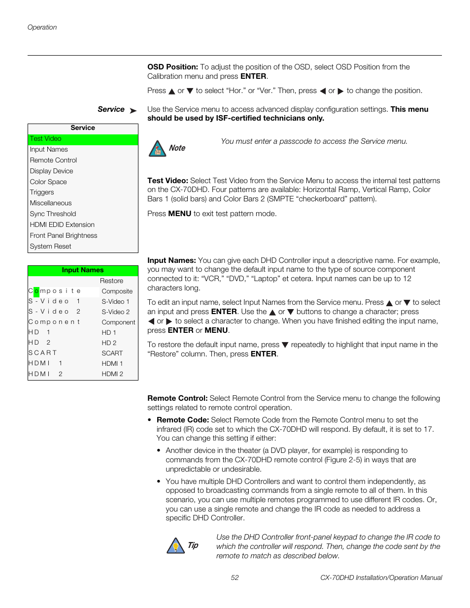 Osd position, Service, Test video | Input names, Remote control, Iminar, Service fro, E service, Pre l iminar y | Runco CRYSTAL CX-70DHD User Manual | Page 66 / 88