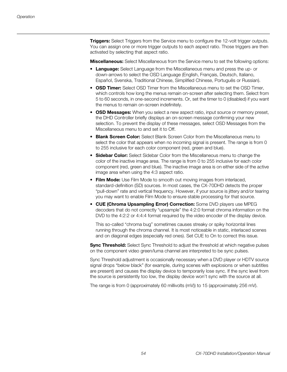 Triggers, Miscellaneous, Sync threshold | Pre l iminar y | Runco CRYSTAL CX-70DHD User Manual | Page 68 / 88