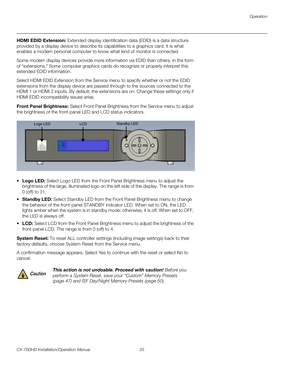 Hdmi edid extension, Front panel brightness, System reset | Pre l iminar y | Runco CRYSTAL CX-70DHD User Manual | Page 69 / 88