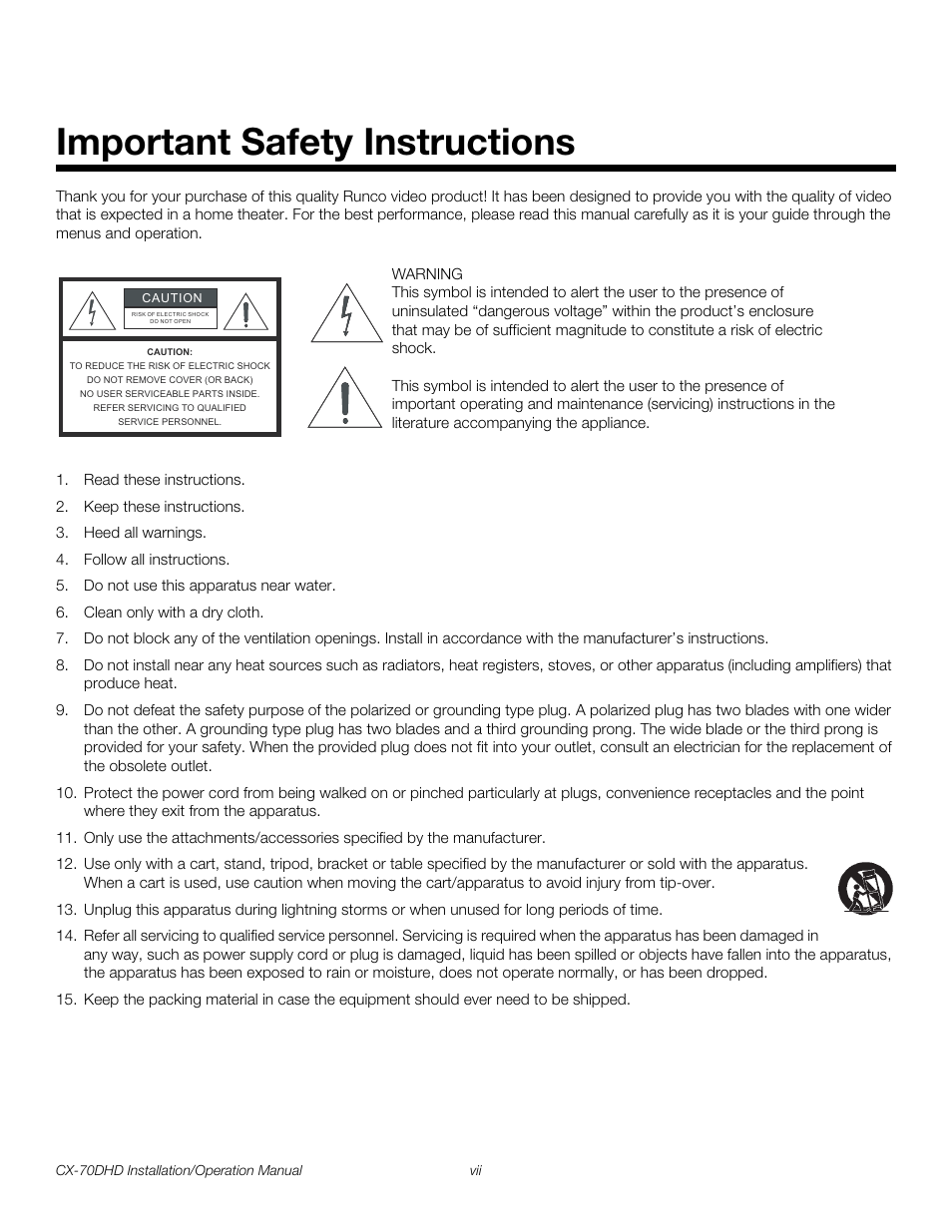 Important safety instructions, Pre l iminar y | Runco CRYSTAL CX-70DHD User Manual | Page 7 / 88