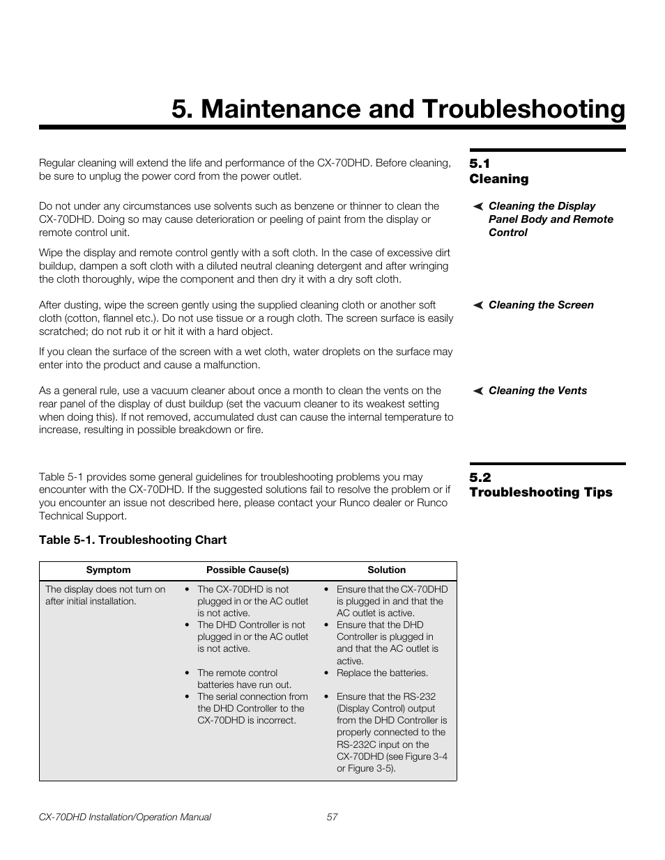 Maintenance and troubleshooting, 1 cleaning, Cleaning the display panel body and remote control | Cleaning the screen, Cleaning the vents, 2 troubleshooting tips, Table 5-1 . troubleshooting chart, Cleaning, Troubleshooting tips, Pre l iminar y | Runco CRYSTAL CX-70DHD User Manual | Page 71 / 88