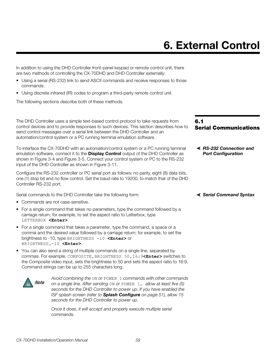 External control, 1 serial communications, Rs-232 connection and port configuration | Serial command syntax, Serial communications, Pre l iminar y | Runco CRYSTAL CX-70DHD User Manual | Page 73 / 88