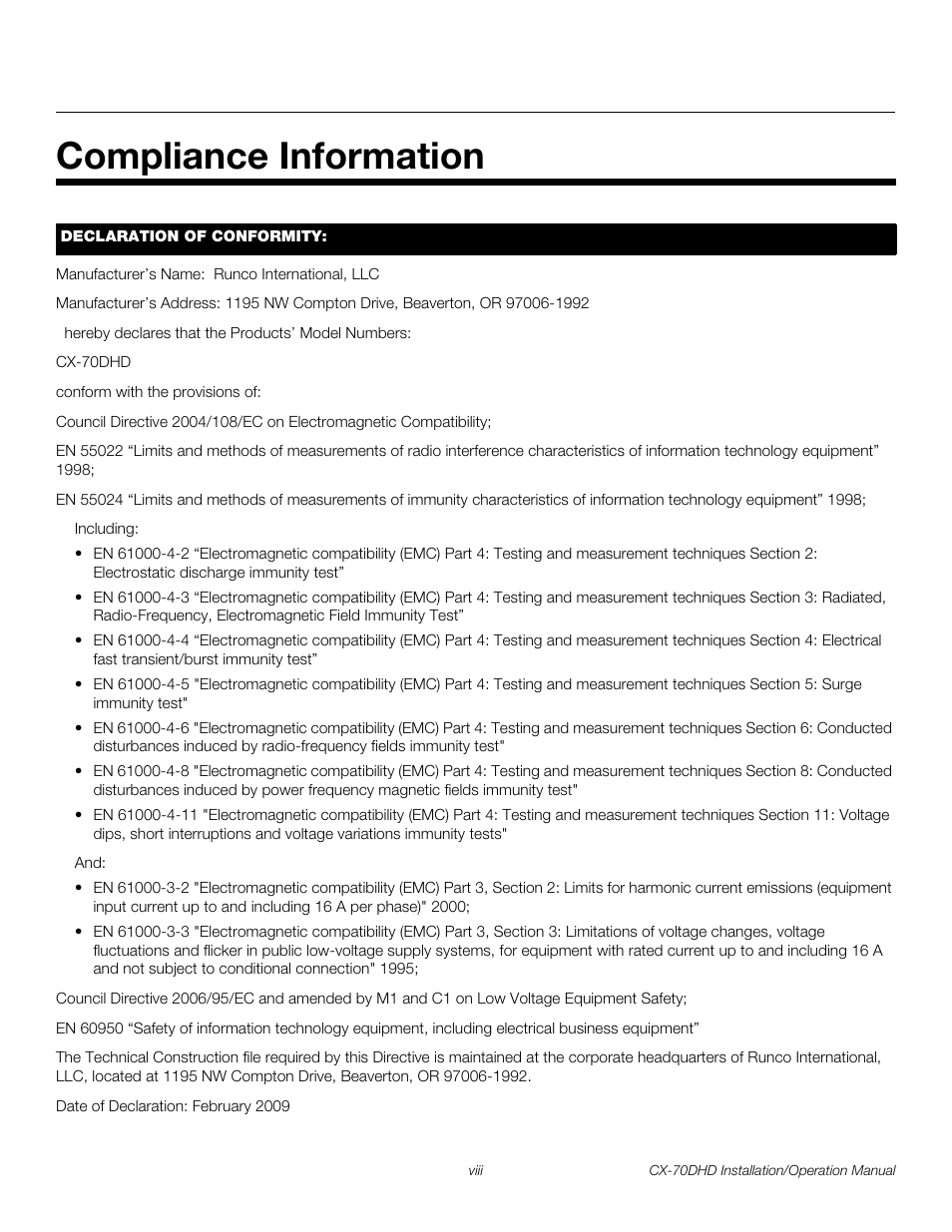 Compliance information, Pre l iminar y | Runco CRYSTAL CX-70DHD User Manual | Page 8 / 88