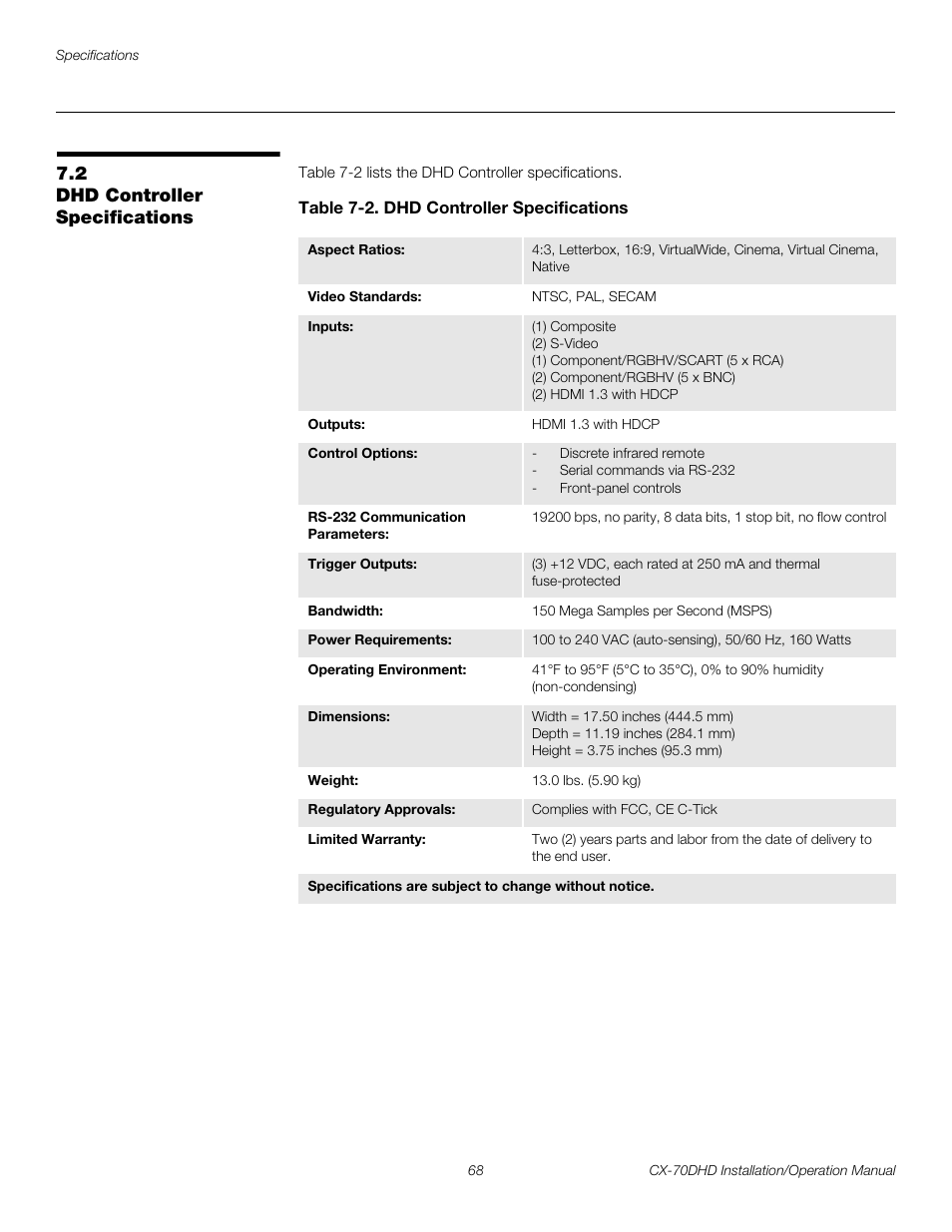 2 dhd controller specifications, Table 7-2 . dhd controller specifications, Dhd controller specifications | Pre l iminar y | Runco CRYSTAL CX-70DHD User Manual | Page 82 / 88