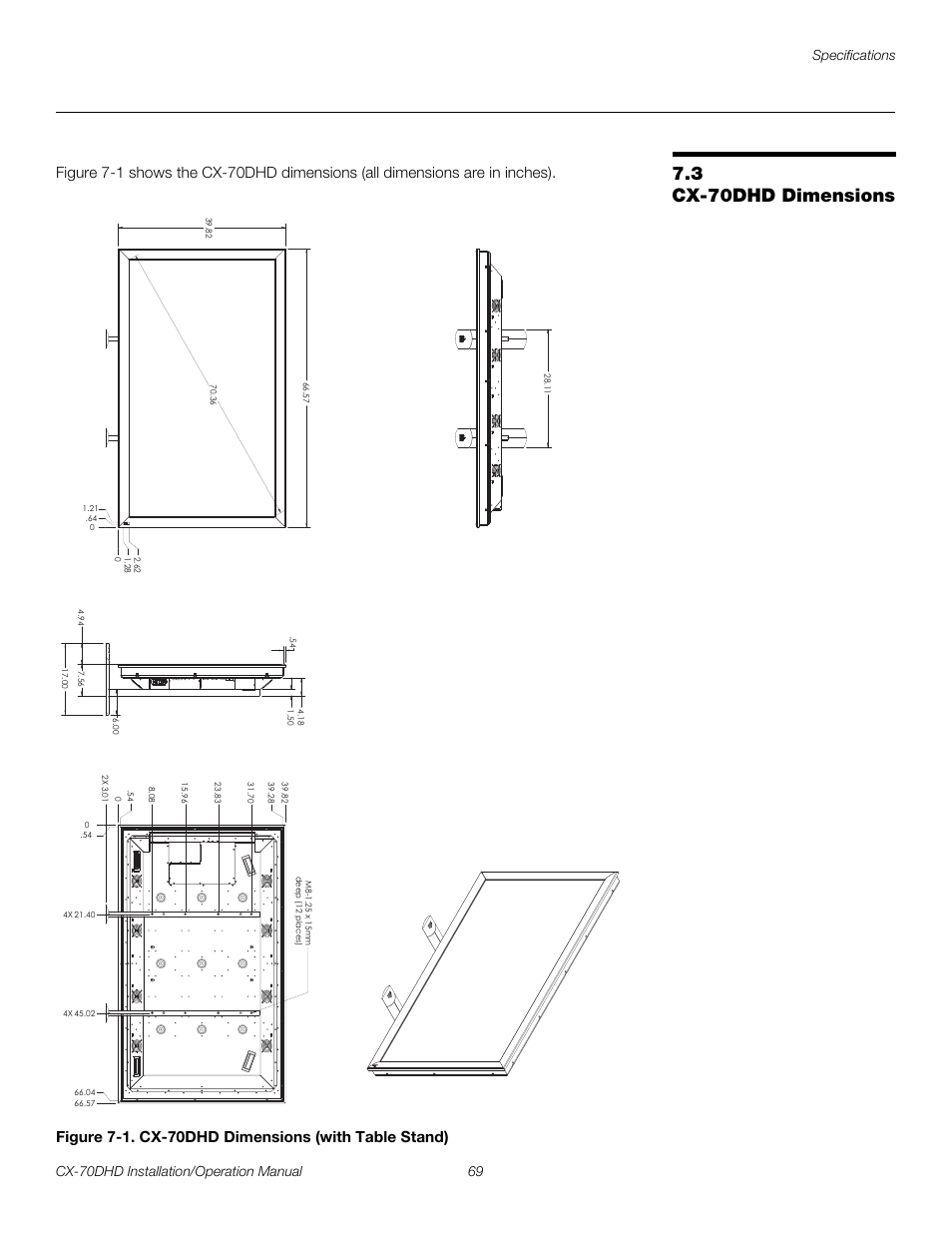 3 cx-70dhd dimensions, Cx-70dhd dimensions, 1. cx-70dhd dimensions (with table stand) | Pre l iminar y | Runco CRYSTAL CX-70DHD User Manual | Page 83 / 88