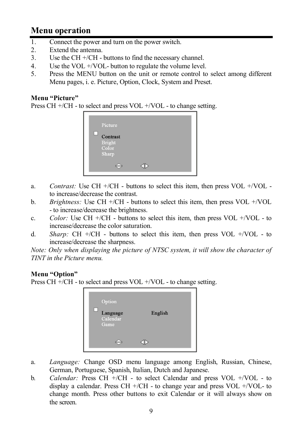 Menu operation | Hyundai H-LCD704 User Manual | Page 9 / 27