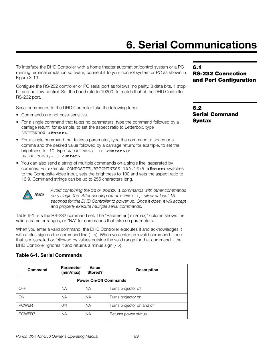 Serial communications, 1 rs-232 connection and port configuration, 2 serial command syntax | Table 6-1 . serial commands, Iminar, Rs-232 connection and port configuration, Serial command syntax, Pre l iminar y | Runco Video Xtreme VX-55d User Manual | Page 101 / 114