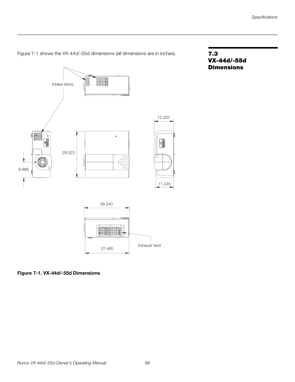 3 vx-44d/-55d dimensions, Figure 7-1 . vx-44d/-55d dimensions, Vx-44d/-55d dimensions | 1. vx-44d/-55d dimensions, Pre l iminar y | Runco Video Xtreme VX-55d User Manual | Page 111 / 114