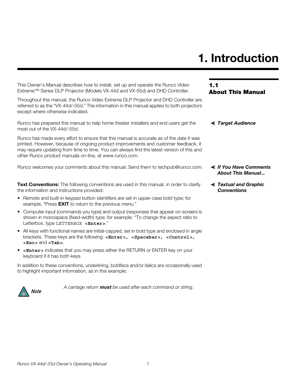 Introduction, 1 about this manual, Target audience | If you have comments about this manual, Textual and graphic conventions, Text conventions, About this manual, Pre l iminar y | Runco Video Xtreme VX-55d User Manual | Page 13 / 114