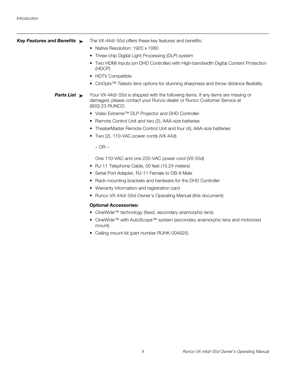 Key features and benefits, Parts list, Optional accessories | Pre l iminar y | Runco Video Xtreme VX-55d User Manual | Page 16 / 114