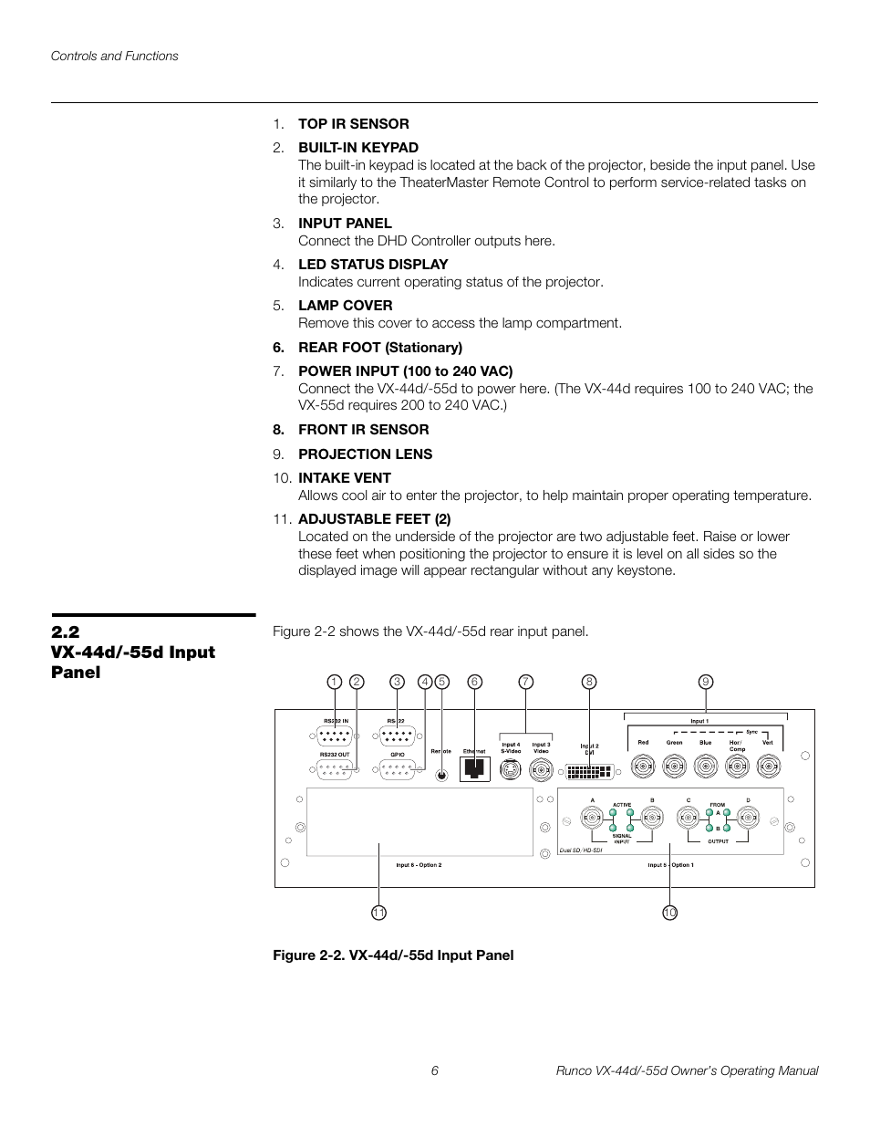 2 vx-44d/-55d input panel, Figure 2-2 . vx-44d/-55d input panel, Iminar | Vx-44d/-55d input panel, 2. vx-44d/-55d input panel, Pre l iminar y | Runco Video Xtreme VX-55d User Manual | Page 18 / 114