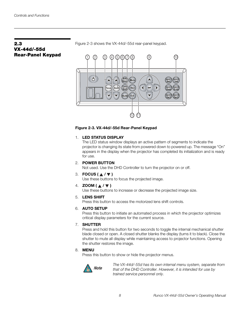 3 vx-44d/-55d rear-panel keypad, Figure 2-3 . vx-44d/-55d rear-panel keypad, Vx-44d/-55d rear-panel keypad | 3. vx-44d/-55d rear-panel keypad, Pre l iminar y | Runco Video Xtreme VX-55d User Manual | Page 20 / 114