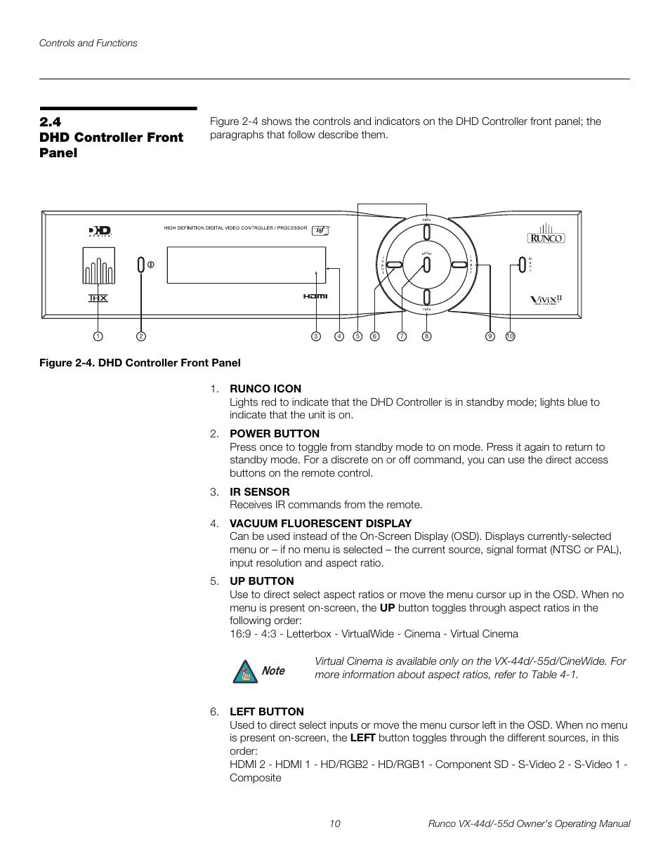 4 dhd controller front panel, Figure 2-4 . dhd controller front panel, Dhd controller front panel | 4. dhd controller front panel, Pre l iminar y | Runco Video Xtreme VX-55d User Manual | Page 22 / 114