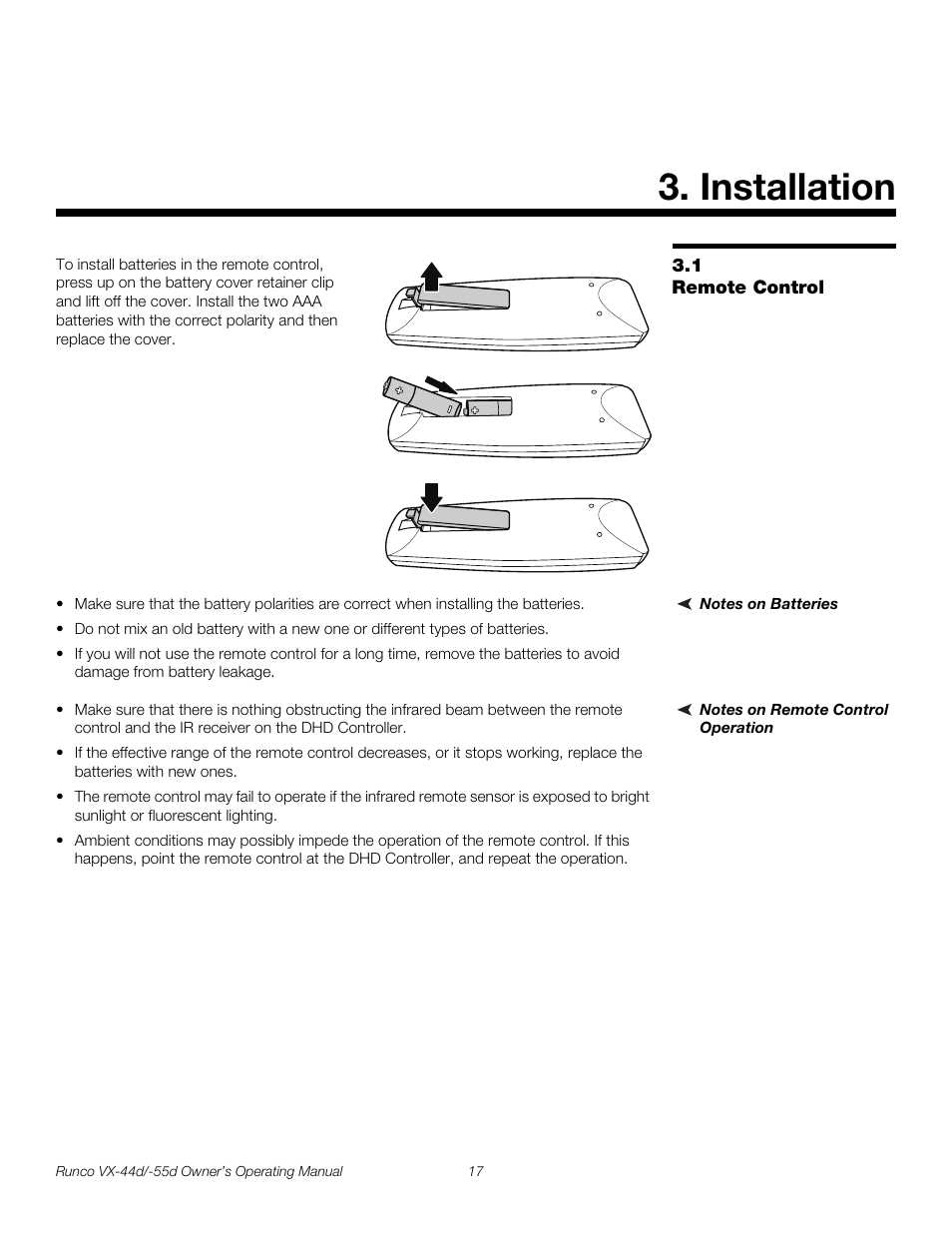 Installation, 1 remote control, Notes on batteries | Notes on remote control operation, Remote control, Pre l iminar y | Runco Video Xtreme VX-55d User Manual | Page 29 / 114