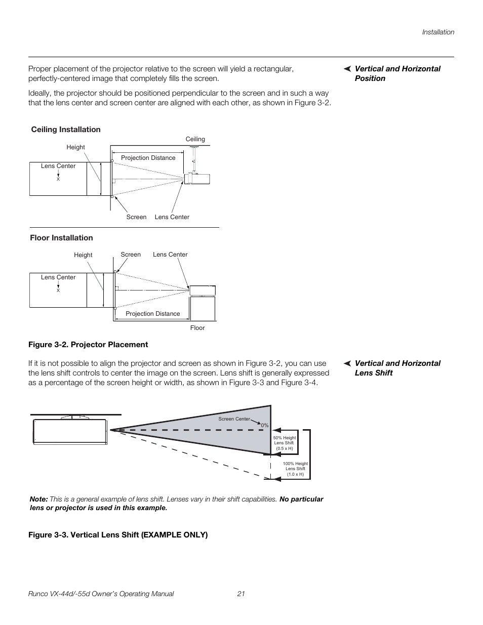 Vertical and horizontal position, Figure 3-2 . projector placement, Vertical and horizontal lens shift | Figure 3-3 . vertical lens shift (example only), 2. projector placement, 3. vertical lens shift (example only), Pre l iminar y | Runco Video Xtreme VX-55d User Manual | Page 33 / 114
