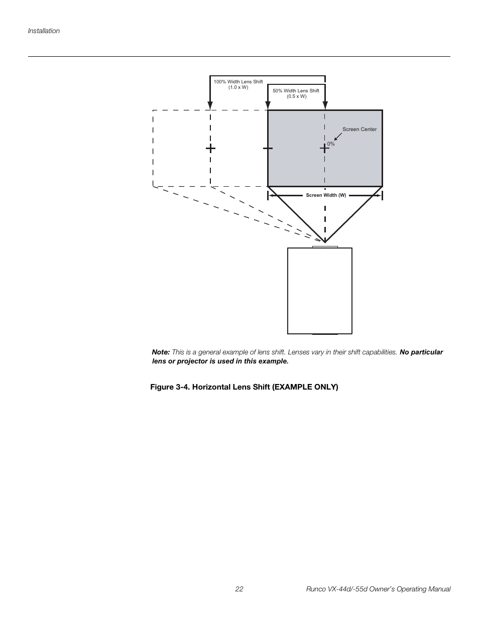 Figure 3-4 . horizontal lens shift (example only), 4. horizontal lens shift (example only), Figure 3-4 | Pre l iminar y | Runco Video Xtreme VX-55d User Manual | Page 34 / 114