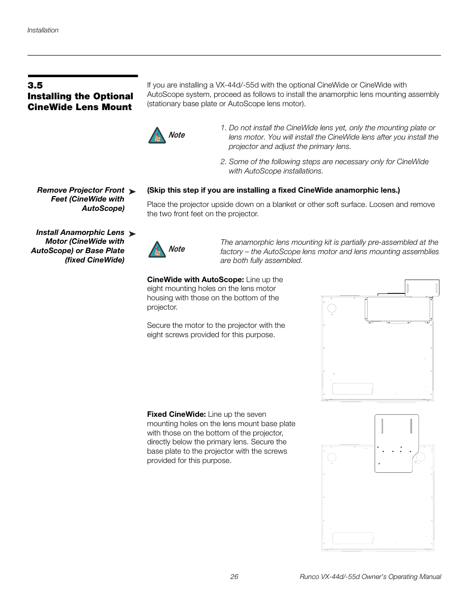 5 installing the optional cinewide lens mount, Cinewide with autoscope, Fixed cinewide | Installing the optional cinewide lens mount, Base plate (fixed cinewide), Pre l iminar y | Runco Video Xtreme VX-55d User Manual | Page 38 / 114