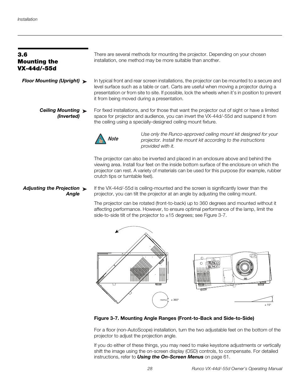 6 mounting the vx-44d/-55d, Floor mounting (upright), Ceiling mounting (inverted) | Adjusting the projection angle, Mounting the vx-44d/-55d, Pre l iminar y | Runco Video Xtreme VX-55d User Manual | Page 40 / 114