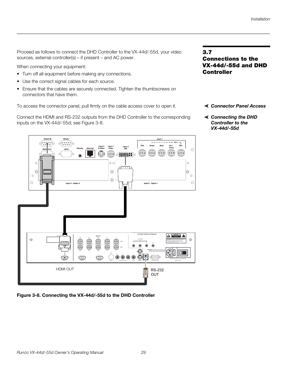 Connector panel access, Connecting the dhd controller to the vx-44d/-55d, Connections to the vx-44d/-55d and dhd controller | Iminar, Pre l iminar y | Runco Video Xtreme VX-55d User Manual | Page 41 / 114