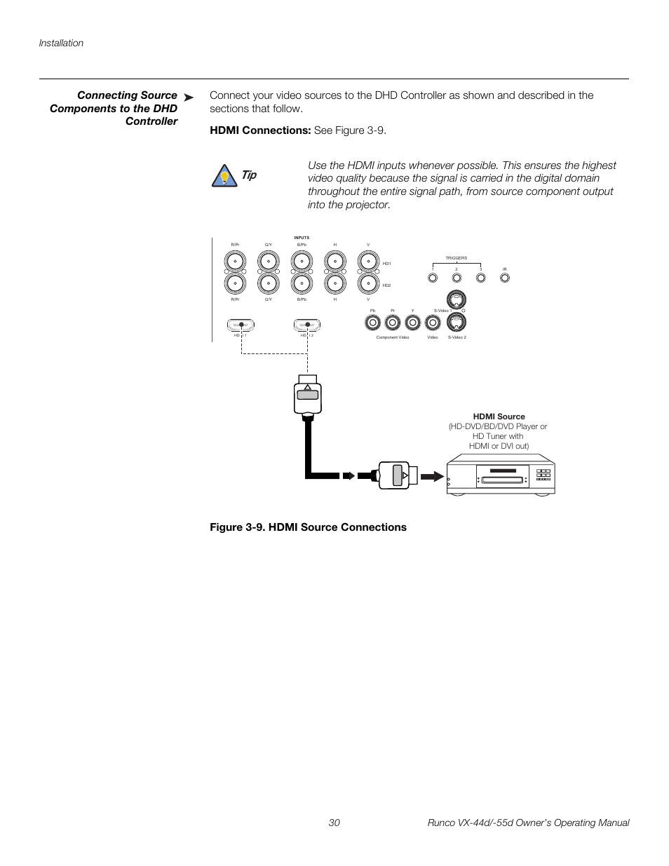 Connecting source components to the dhd controller, Hdmi connections, Figure 3-9 . hdmi source connections | 9. hdmi source connections, Pre l iminar y | Runco Video Xtreme VX-55d User Manual | Page 42 / 114