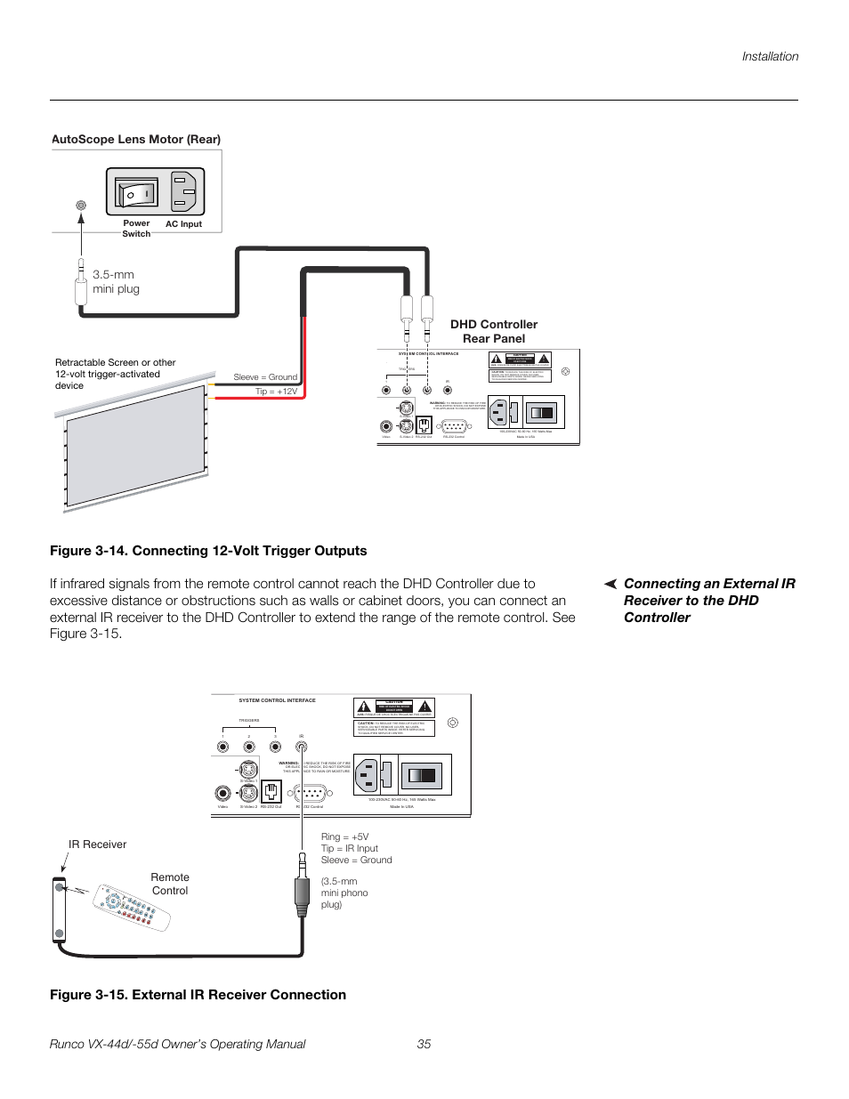 Figure 3-14 . connecting 12-volt trigger outputs, Figure 3-15 . external ir receiver connection, 14. connecting 12-volt trigger outputs | 15. external ir receiver connection, E figure 3-14, Pre l iminar y, Ir receiver remote control | Runco Video Xtreme VX-55d User Manual | Page 47 / 114